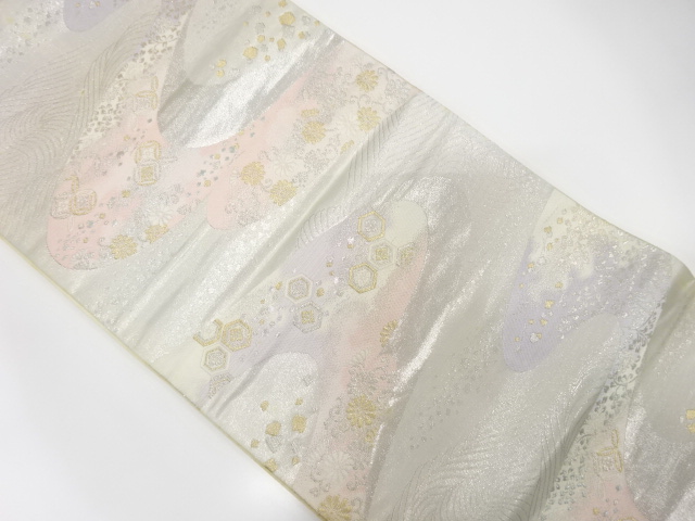 JAPANESE KIMONO / ANTIQUE FUKURO OBI / SILK / WOVEN MIST & FLOWER